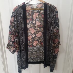 Christopher & Banks Black Floral Sheer Open Front Cardigan Kimono Small Flowy